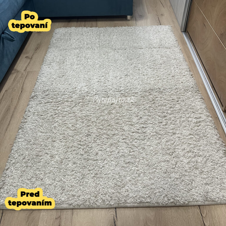 Tepovanie kobercov Nitra 7 Biely huňatý koberec – hore po tepovaní, dole pred tepovaním